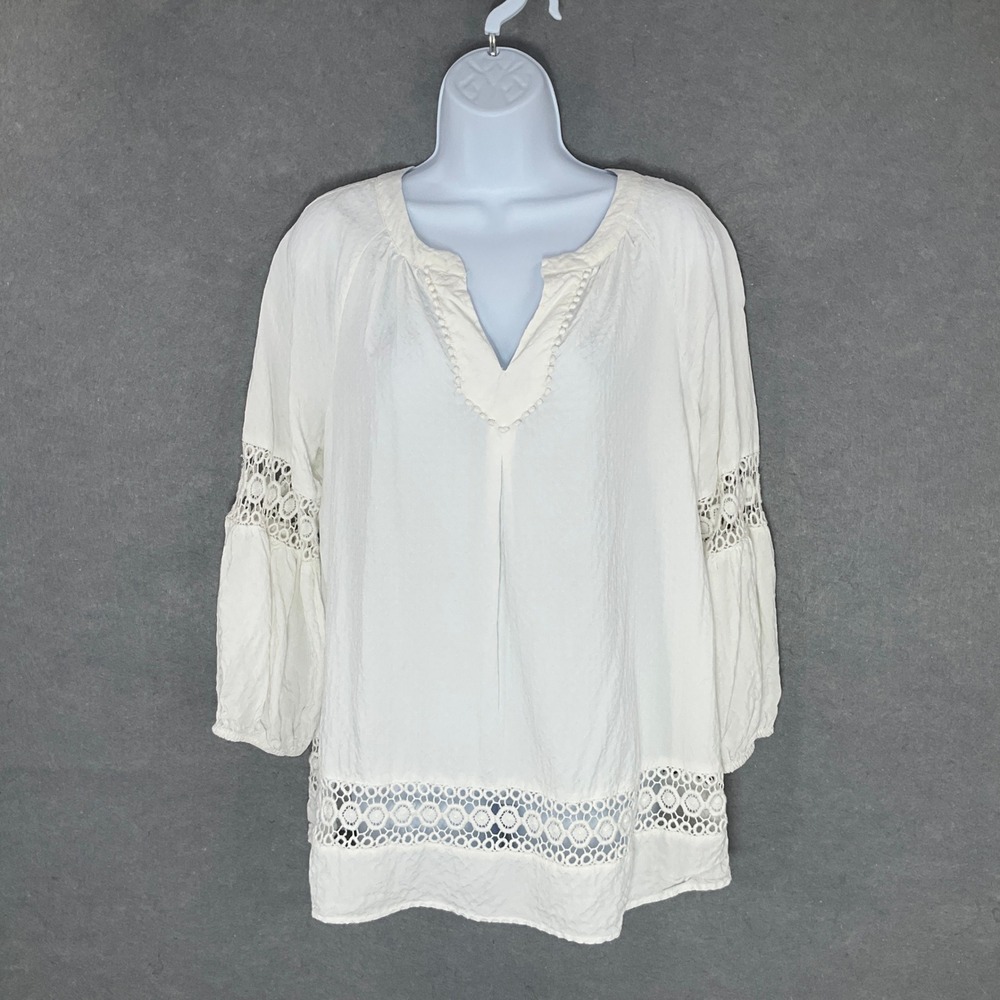 Crown & Ivy Peasant Top Crochet‎ Trim 3/4 Sleeve Blouse White Size M